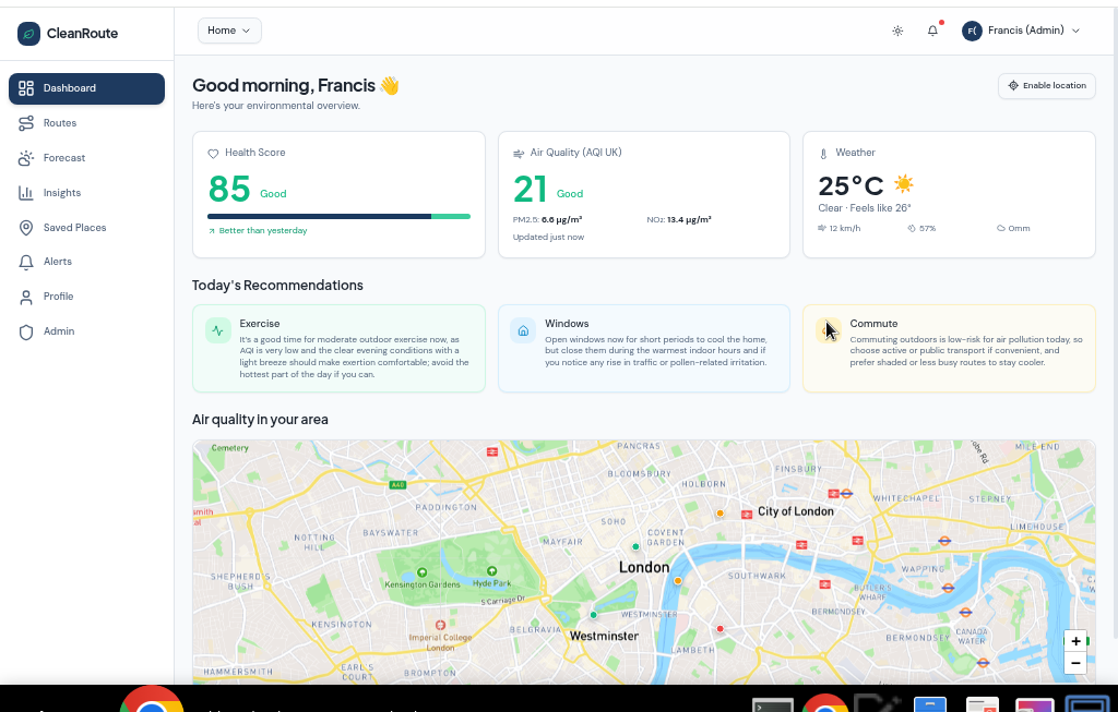 CleanRoute dashboard showing Health Score, Air Quality, Weather and personalised recommendations