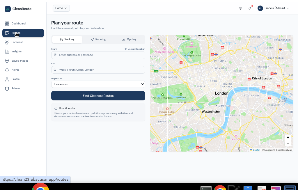 CleanRoute route planner with walking, running and cycling tabs and a live map